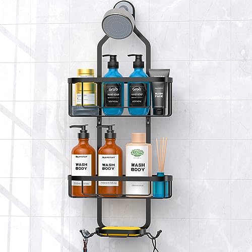 Kadolina Shower Caddy Hanging, Bathroom Shower Rack, Bathroom Organizer with Soap Dish, Over The Showerhead Caddy with Hooks for Razor/Sponge, Black - color: Black