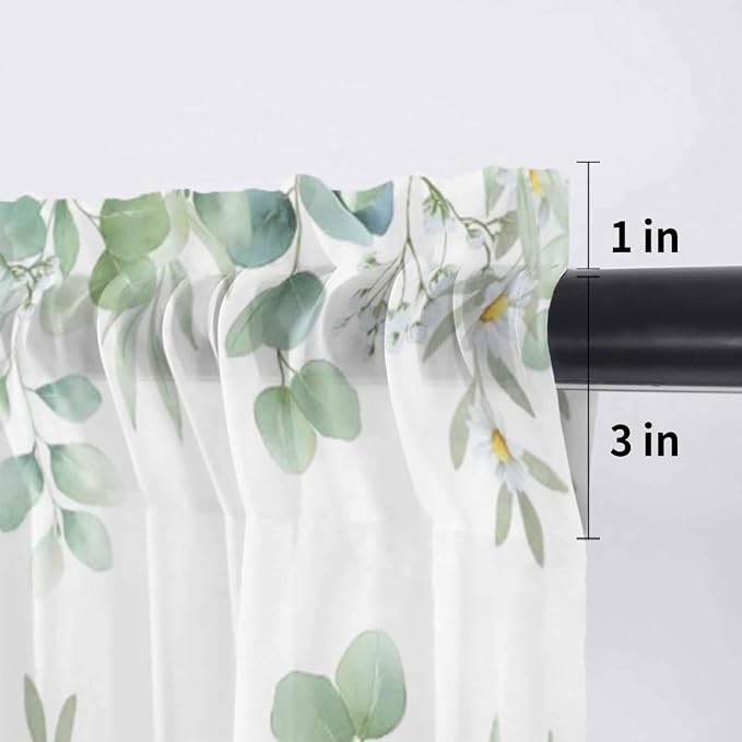 Eucalyptus Leaves Daisy Sheer Valance Curtains, Summer Farmhouses Flower Light