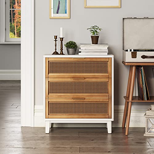 COZAYH Farmhouse 3-Drawer Nightstand, Set of 2 Rattan Cane Front Accent Dresser with Brass Pull, Distressed White - color: Distressed White, style: 3 Drawer/2 pack