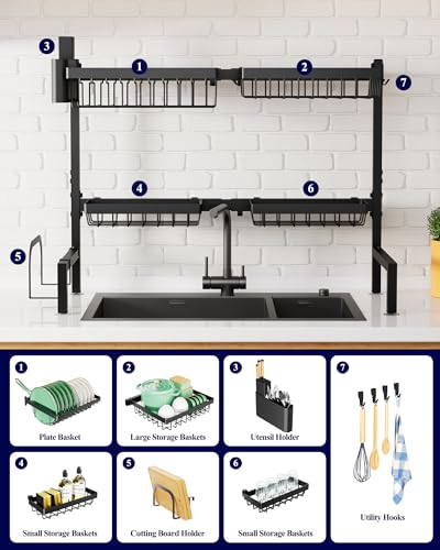 Kitsure Over The Sink Dish Drying Rack - 26.8" to 33.9"x21.5", Adjustable Sink Drying Rack for Kitchen Sink with Large Capacity, 2-Tier Dish Rack Over Sink with Multifunctional Baskets, Black - color: Black, size: Large