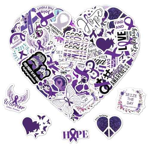 50 Pack Pcs Epilepsy Awareness Month Stickers for Water Bottles Waterproof Vinyl Laptop Luggage Purple Ribbon Inspirational Sticker Packs Bulk Teens Adults Aesthetic Small Decals