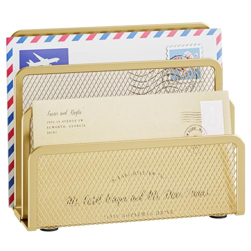 Marbrasse Mail Organizer for Desk, 3-Slot Mesh Metal Mail Holder countertop, Letter Holder, Office Desktop Envelope and Document Storage Rack (Gold) - color: Gold