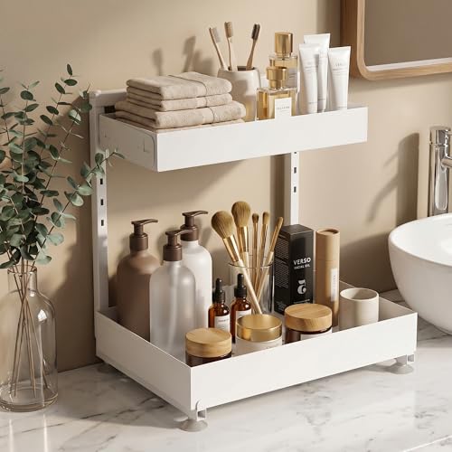 TATAANTY Under Sink Organizer 2 Pack, 2 Tier Metal Under the Sink Storage, Heavy Duty Slide out Pull out Cabinet Organizer, Height Adjustable for for Kitchen Bathroom Pantry Closet Organization Rack