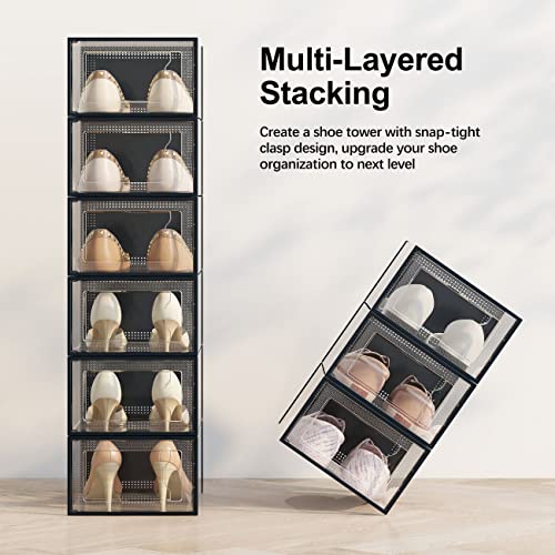 SEE SPRING X-Large Shoe Storage Box Fit Size 11, Clear Plastic Stackable Shoe Organizer for Closet, Space Saving Foldable Shoe Rack Sneaker Container Bin Holder, 15 Pack Black