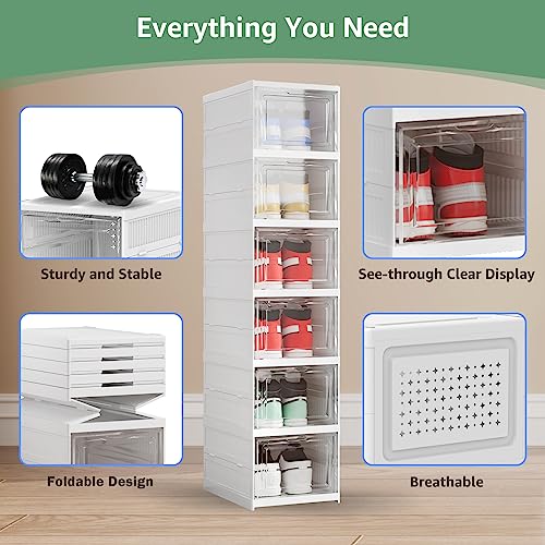 Shoe Storage Organizer Box 6-Tier Foldable Collapsible Stackable Shoe Rack Bins, Fit Size 12, No Assembly, for Men and Women
