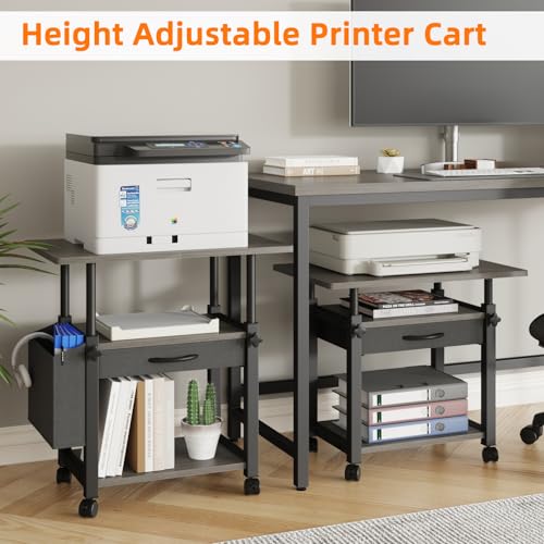 YAOHUOO 22"x15" Large Printer Stand with Drawer and-side Bag, Adjustable 3-Tier Printer Cart for Home Office, Rolling Printer Stand Fit Heat Press/Laser/3D Printer (Grey) - color: Gray, size: 3-Tier