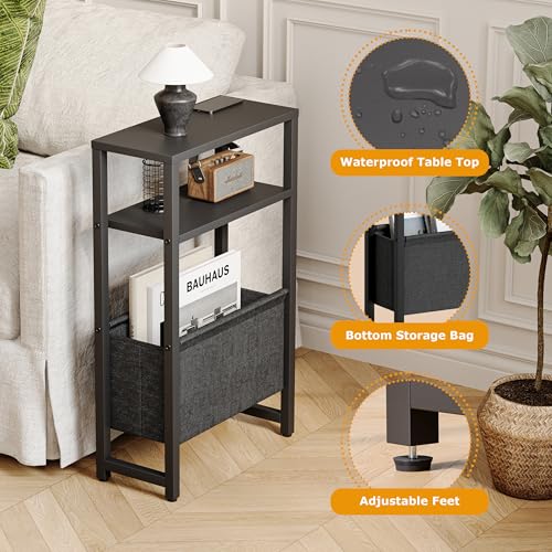 Narrow Side Table, Slim End Table with Magazine Rack, Bedside Table for Small Spaces, 3 Tier Sofa Couch Table Nightstand for Living Room, Bedroom Black LET503B - color: Black