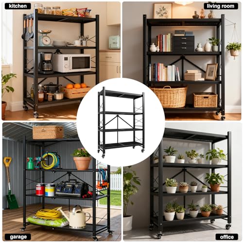 Grezone Foldable Shelves 4 Tier Heavy Duty Metal Storage Shelves with Wheels - No Assembly Collapsible Shelving Unit for Kitchen Garage Hold up to 1000 lbs - size: 39‘’W x 13.5''D x 49.8''H