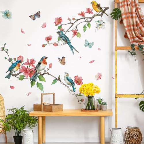 Runtoo Bird Wall Decals Pink Floral Tree Branch Wall Art Stickers Bedroom Kitchen Living Room Kids Nursery Decor