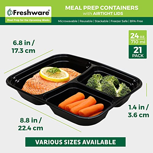 Freshware Meal Prep Containers 21 Count (Pack of 1), 3 Compartment with Lids, Food Storage Containers, Bento Box, Stackable, Microwave/Dishwasher/Freezer Safe (24 oz) - size: 3-COMP-21PK