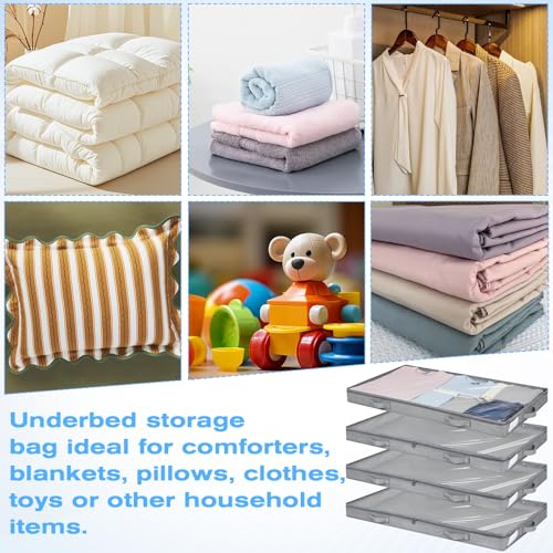 4 Pack Under Bed Storage, Below 4 Inches Underbed Storage Containers Low Profile No Sidewalls Foldable Shallow Storage Bins Organizer with Clear Lid and Zipper