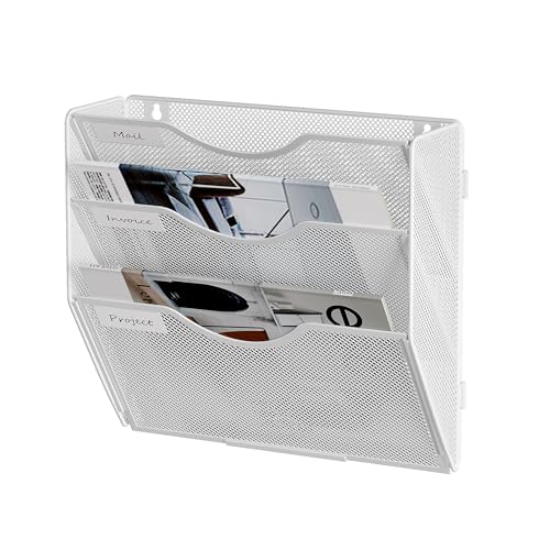 File Folder Organizer, 3-Tier Mesh Hanging Wall File Holder, Magazine Rack, Wall File Organizer With Pockets, Metal Document Organizer, Mail Organizer Wall Mounted for Office Home, White