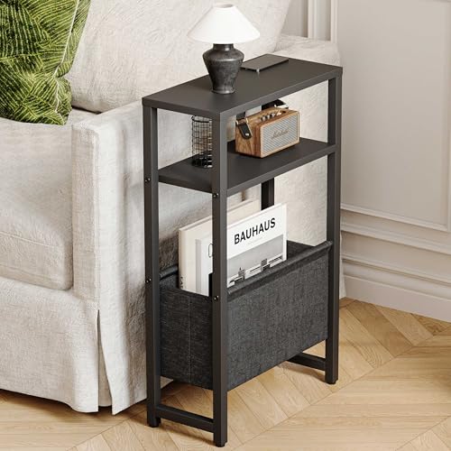 Narrow Side Table, Slim End Table with Magazine Rack, Bedside Table for Small Spaces, 3 Tier Sofa Couch Table Nightstand for Living Room, Bedroom Black LET503B - color: Black