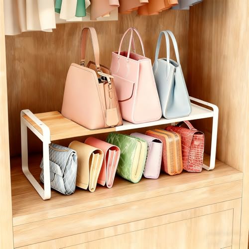 Expandable Cabinet Shelf Organizer & Spice Rack, Stackable Kitchen Counter Shelf with Anti-Slip Legs, Bamboo Cupboard Storage Riser for Dish, Plate & Canned Food (White)