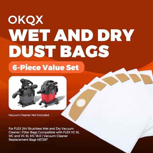 6-Pack Wet/Dry Dust Bags for FLEX 24V Brushless Wet/Dry Vacuum | Filter Bags Compatible with FLEX VC 6L MC & VC 6L MC 18.0 | Vacuum Cleaner Replacement Bags 487287
