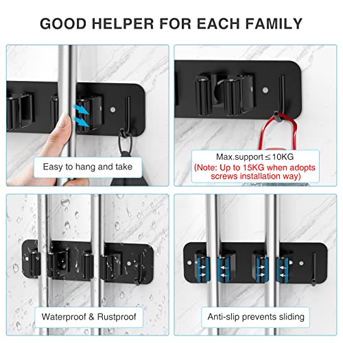 homeasy Wall Mount Mop and Broom Holder, Heavy Duty Stainless Steel Organizer Rack with Hooks | 2-Pack, 2-in-1 No Drill & Screw Installation, Black - color: Black-2