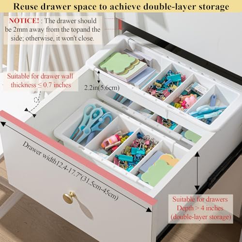 2 Pcs Expandable Drawer Organizer Bins Adjustable Deep Drawer Hanging Organizer Tray Expandable 11.4 to 18.1 Inches Plastic Dividers Storage for Office Bathroom Bedroom Kitchen Desk, White