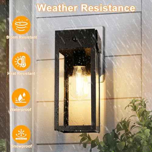Porch Lights with GFCI Outlet, Dusk to Dawn Motion Sensor Outdoor Lights, 2 Lighting Modes Waterproof Anti-Rust Wall Sconce Lantern, Outside Light for House, Black