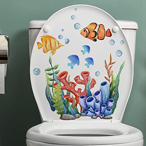 A Washroom Room WC Toilet Seat Stickers Sea and Seaweed Cartoon Underwater World Ocean Pattern 3D View PVC Wall Stickers Decor Decals Art Mural