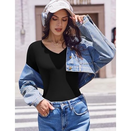 Ekouaer Womens 3 Pack Long Sleeve Shirts V Neck Ribbed Slim Fit Basic Tops Thermal Undershirts Casual Tee XS-XXL