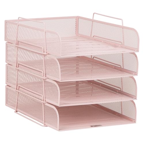 Mind Reader Stackable Paper Tray, Desktop Organizer, File Storage, Office, Metal Mesh, 10.5" L x 13.5" W x 11.25" H, 4 Pcs., Pink - color: Pink