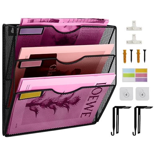 3 Pockets Mesh Wall File Holder Organizer Office Hanging File Folder Magazine Rack, Nametag Label Hooks Set Included (Black)