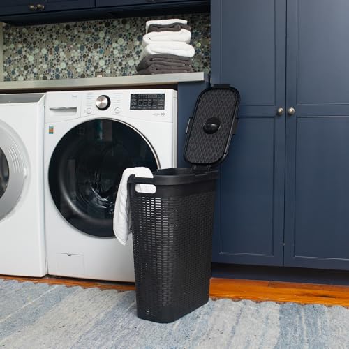 Mind Reader Slim Laundry Hamper with Lid, 40L Clothes Basket, Narrow Tapered Design with Ventilated Cutout Pattern, Plastic, Set of 2, Black - color: Black, size: Set of 2