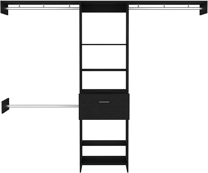 Black Storage Rack One Drawer Three Metal Rods Five Open Shelves for Home Organization