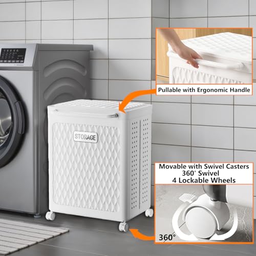 WESAPPINC Rolling Laundry Hamper with Wheels and Lid, Plastic Laundry Basket with Handle, Rolling Divided Cart for Small Spaces, Bathroom, Bedroom, White - color: 100L White