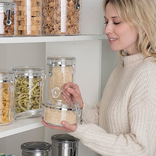 OGGI Clear Canister Airtight 38oz - Clamp Lid & Spoon - Airtight Food Storage Containers, Ideal for Kitchen & Pantry Storage of Bulk, Dry Food Including Flour, Sugar, Coffee, Rice, Tea, Spices & Herbs - size: 38 Fluid Ounces
