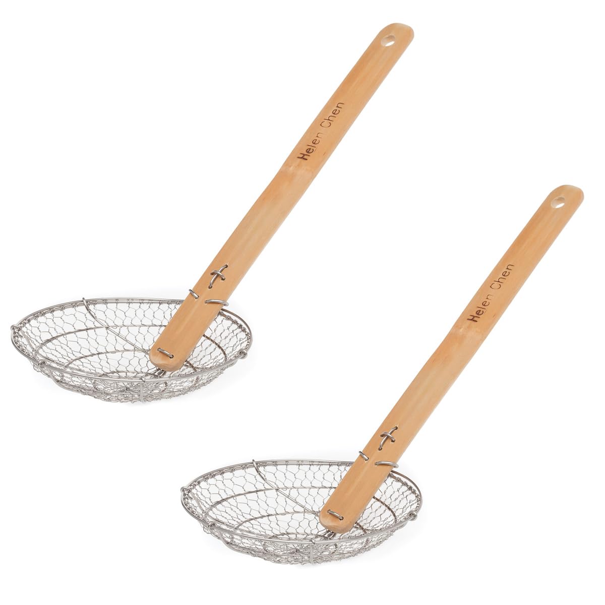 Helen's Asian Kitchen Deep Spider Strainer, 6-Inch Stainless Steel Mesh Basket With Bamboo Handle, For Noodles, Dumplings, Wontons, Deep Frying, And Draining Tasks
