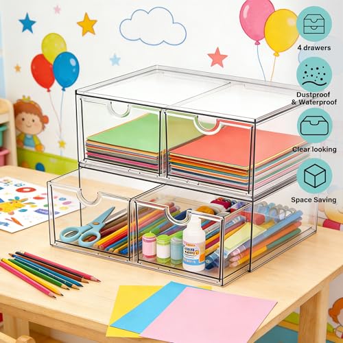 Prsildan Stackable Clear Makeup Organizer, 2 Pack Acrylic Storage Drawers with 4 Drawers for Vanity Bathroom Office Desk Modular Drawer System for Cosmetics Jewelry Toiletries Home Organization - style: Style2-4Drawers
