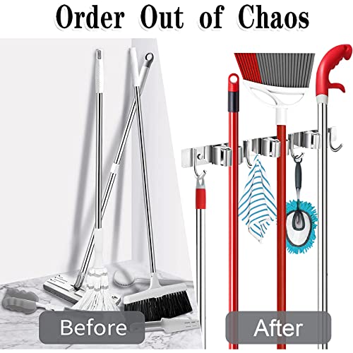 Broom Mop Holder Wall Mount Broom Hanger Wall Mounted Metal Organization Garage Storage Garden Kitchen Tool Organizer With 4 Racks and 5 Hooks (Silver, 1 Pack 3R4H)… - size: 1 Pack 3R4H