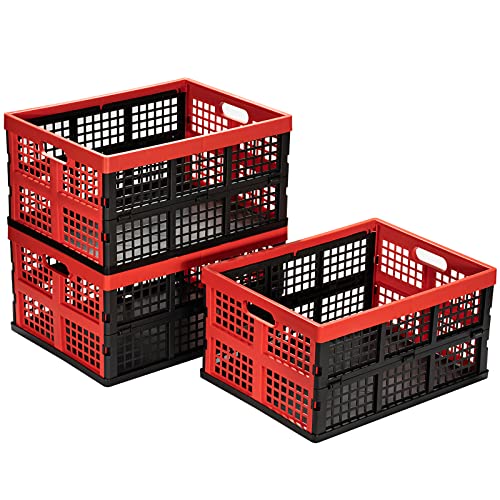 Eslite 34L Large Plastic Folding Storage Crates,Collapsible Crates for Storage,Pack of 3 (Black+Red) - color: Black+Red