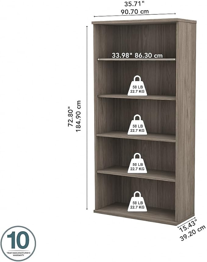Bush Business Furniture Hybrid Tall 5 Shelf Bookcase in Modern Hickory