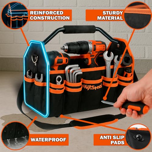 16 Inch Electrician Tool Bag, 26 Pockets Foldable Open Top Tool Bag Organizer with Handle & Padded Adjustable Strap, Heavy Duty Construction, Waterproof