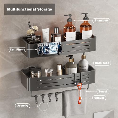 Voldra Shower Caddy Suction Cup, 2 Pack Shower Shelves for Inside Shower No Drilling, Aluminum Suction Showers Organizer with Towel Bar & Hooks Removable Bathroom Shelf Storage Rack(Gray) - style: Suction Cup Rectangle-2 Pack