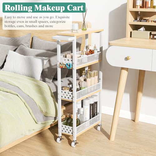 Giwil 4-Tier Slim Rolling Storage Cart for Kitchen Bathroom Organizer, Mobile Narrow Storage Cabinet Utility Cart with Wood Rack on Wheels for Pantry Laundry Small Space, White - size: White/Net Bar