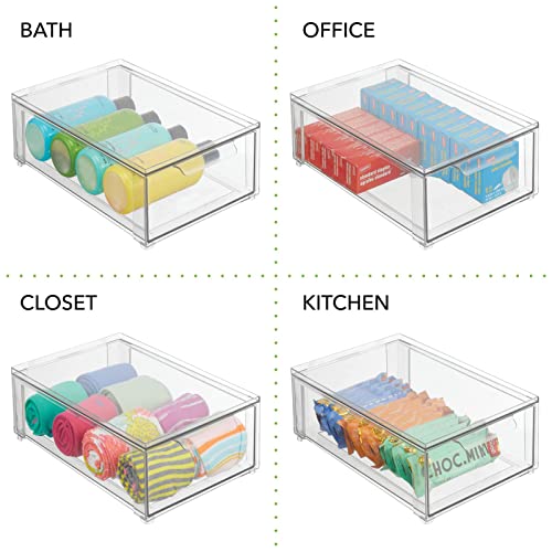 mDesign Plastic Stackable Bathroom Storage Organizer Bin with Pull Out Drawer for Cabinet, Vanity, Shelf, Cupboard, Cabinet, or Closet Organization - Lumiere Collection - 4 Pack - Clear - size: 8 x 12 x 4 (Pack of 4)