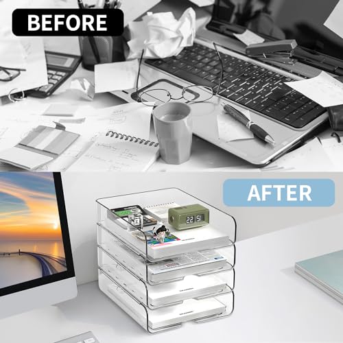 4-Tier Paper Organizer for Desk, Stackable Desk Organizer Paper Tray, Ideal for Office Supplies, A4 Storage (Clear, 4-Tier)