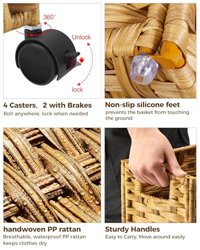 Greenstell Laundry Hamper with Wheels & Handles, 26.4 Gallon (100L) Slim Laundry Basket with 2 Removable Liner Bags & 2 Mesh Bags, Foldable Narrow Clothes Hamper for Bedroom, Bathroom, Closet, Natural - color: Natural, size: 100L (21.7 x 9.8 x 30.7 inches