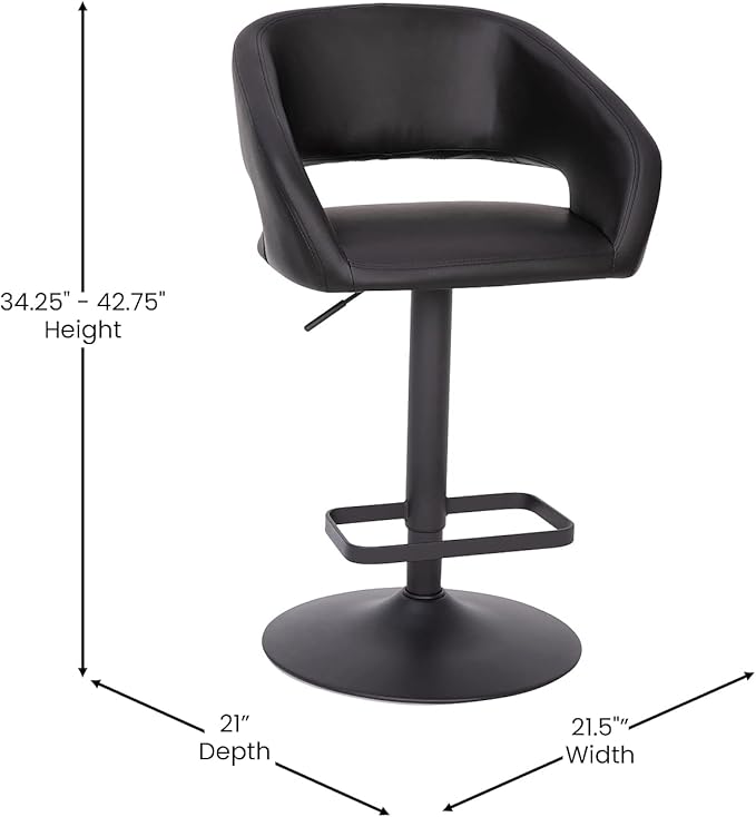Flash Furniture Erik Contemporary Adjustable Height Barstool with Footrest and Rounded Mid-Back, Upholstered Bar or Counter Height Stool, Black