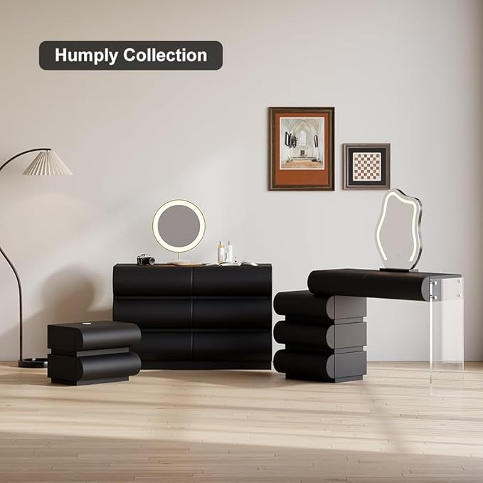 homary Black Makeup Vanity Set with LED Mirror and Dressing Stool, Modern PU Leather Dressing Table with Drawers for Bedroom, Ideal for Women Girls (Black)
