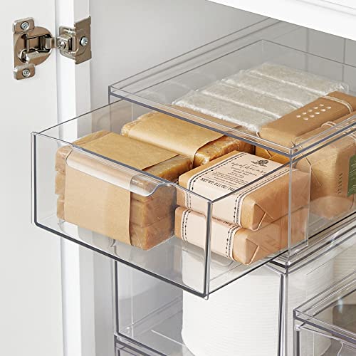 mDesign Plastic Stackable Bathroom Storage Organizer Bin with Pull Out Drawer for Cabinet, Vanity, Shelf, Cupboard, Cabinet, or Closet Organization - Lumiere Collection - 4 Pack - Clear - size: 8 x 12 x 4 (Pack of 4)