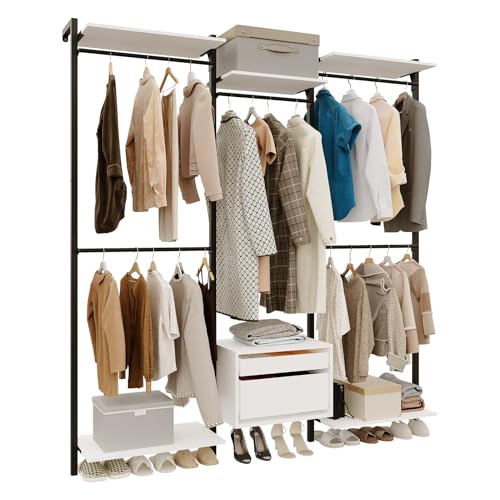 Wall-Mounted Steel & Wood Closet Organizer System with 4 Adjustable Shelves, 5 Hanging Rods, and 2 Drawers – Modern Open Wardrobe, White - color: BC03-white