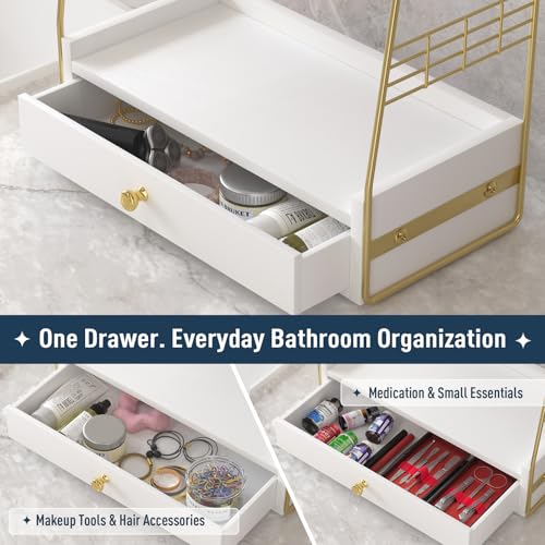 Bathroom Counter Organizer with Drawer, Slim 2-Tier Vanity Countertop Storage Shelf for Skincare, Toiletries & Small Essentials (White) - color: White