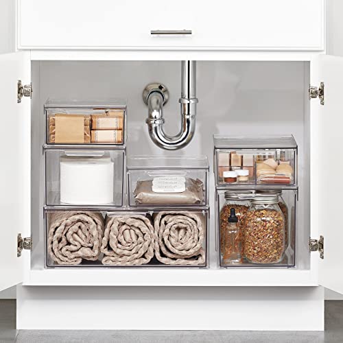 mDesign Plastic Stackable Bathroom Storage with Pull Out Bin Organizer Drawer for Cabinet, Vanity, Shelf, Cupboard, Cabinet, or Closet Organization - Lumiere Collection - 2 Pack - Clear - size: 8 x 12 x 6 (Pack of 2)
