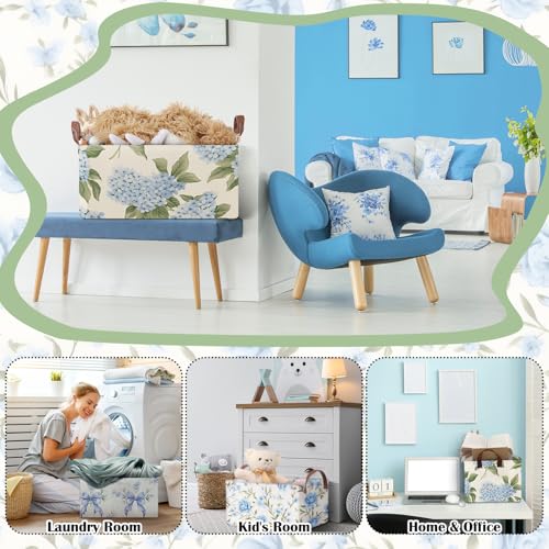 Boao 3 Pcs Blue Hydrangea Bow Storage Bin Flowers Collapsible Large Storage Baskets for Gifts Canvas Laundry Basket Foldable Box with Handle for Office Home Bedroom Clothes - style: Blue Hydrangea