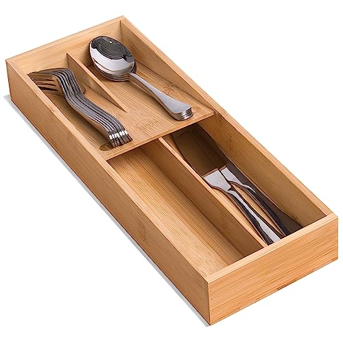 guiogc Bamboo Silverware Drawer Organizer, Kitchen Small Silverware Organizer, Utensil Tray Holder, Cutlery Tray for Spoons, Forks, Knives, Suitable for a family of 2-4 - size: Small-02