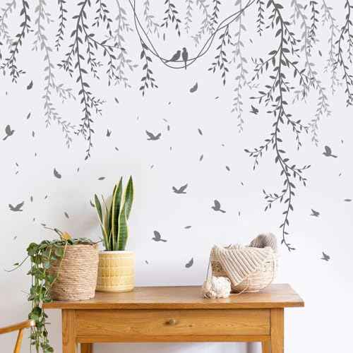 3D Removable Grey Vines Wall Stickers - Peel & Stick DIY Wall Decals with Flying Birds, Waterproof PVC Wall Decor for Kids Room, Bedroom, Living Room, Office (30x45cm x6, 89x164cm Coverage)